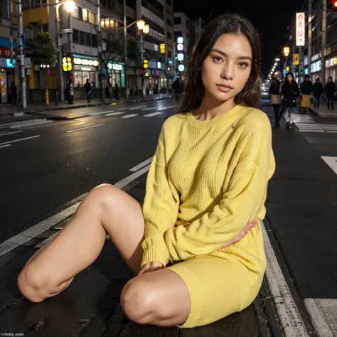 Female supermodel. Yellow sweater. Sitting in the middle of road. Dim, soft lighting. Sunset. Chuo-dori Avenue, Tokyo, Japan.