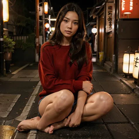 Female supermodel. Red sweater. Sitting in the middle of road. Dim, soft lighting. Sunset. Omoide Yokocho, Tokyo, Japan.