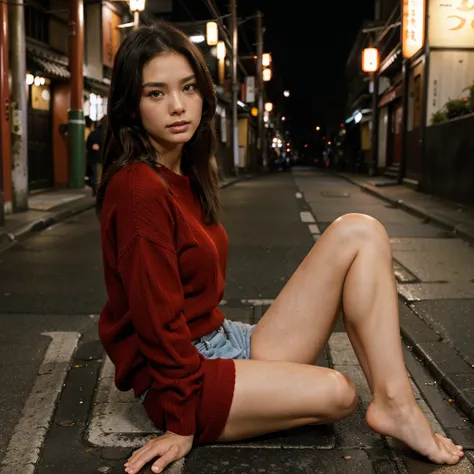 Female supermodel. Red sweater. Sitting in the middle of road. Dim, soft lighting. Sunset. Omoide Yokocho, Tokyo, Japan.