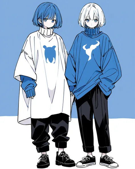 Create an illustration of two characters standing side by side, similar to the given image, but with a blue and white color scheme. The characters should wear oversized clothes, with one character wearing a blue sweater and black pants, and the other weari...