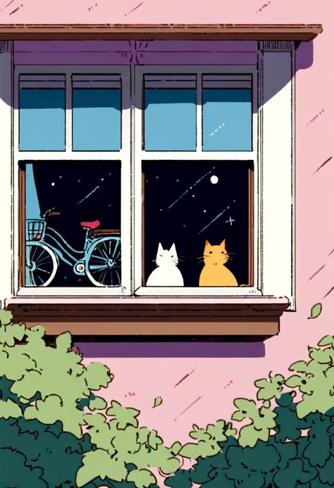 Miyazaki Hayao animation style Cat sitting on windowsill looking out the window at lovers riding bicycles