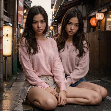 Female supermodel. Pink sweater. Sitting in the middle of road. Dim, soft lighting. Sunset. Omoide Yokocho, Tokyo, Japan.