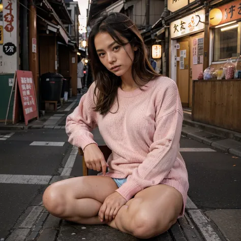 Female supermodel. Pink sweater. Sitting in the middle of road. Dim, soft lighting. Sunset. Omoide Yokocho, Tokyo, Japan.