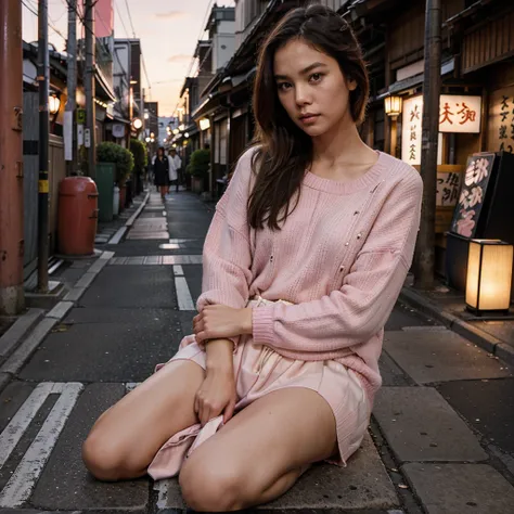 Female supermodel. Pink sweater. Sitting in the middle of road. Dim, soft lighting. Sunset. Omoide Yokocho, Tokyo, Japan.