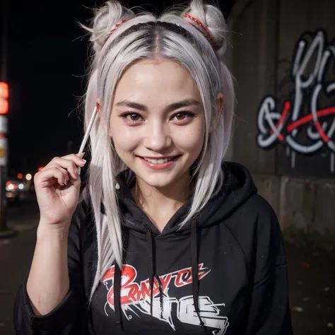 detailed background, masterpiece, best quality, smile, nakiri ayame, streaked hair, oni horns, white hair, twin buns, red eyes, smile, hoodie, portrait, neon, graffiti, dark, night, glowing eyes, blacklight