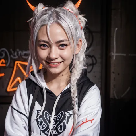 detailed background, masterpiece, best quality, smile, nakiri ayame, streaked hair, oni horns, white hair, twin buns, red eyes, smile, hoodie, portrait, neon, graffiti, dark, night, glowing eyes, blacklight