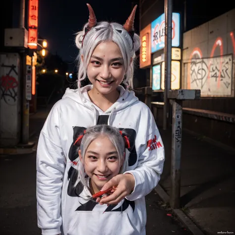 detailed background, masterpiece, best quality, smile, nakiri ayame, streaked hair, oni horns, white hair, twin buns, red eyes, smile, hoodie, portrait, neon, graffiti, dark, night, glowing eyes, blacklight