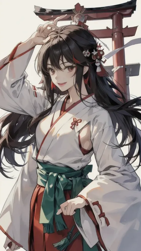 The image shows an illustrated character, likely from an anime or manga. The character has long dark hair and is wearing a traditional shrine maiden (miko) outfit, consisting of a white top (haori) with red accents and a red skirt (hakama). The character i...