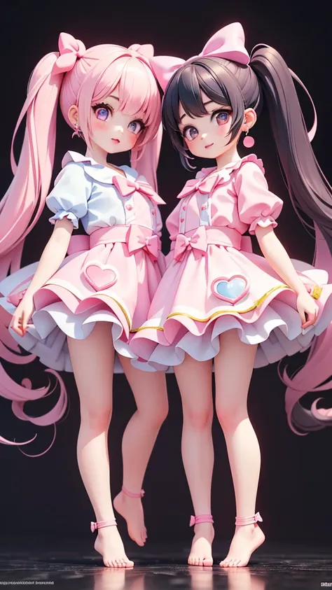 ((jk, 2girls)), (petite kawaii, bishojo), (kawaii face), (cute eyes), (masterpiece), ((top qualite)), (hyper detailed), ((high resolution)), (exquisite), (depth), ((beautiful and aesthetic)), (full body), (pink cheek), ((bare foot)), (big bow in hair), ((p...