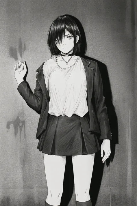 Highest quality, Intricate details, Line art, Monochrome,

One girl, Long Hair, Black Hair, Short bob hair, Hair on one eye, Sharp eyes, 

choker, shirt, Torn legwear, Open jacket, 

Against the wall, Brick wall, graffiti, Dim lighting, alley

