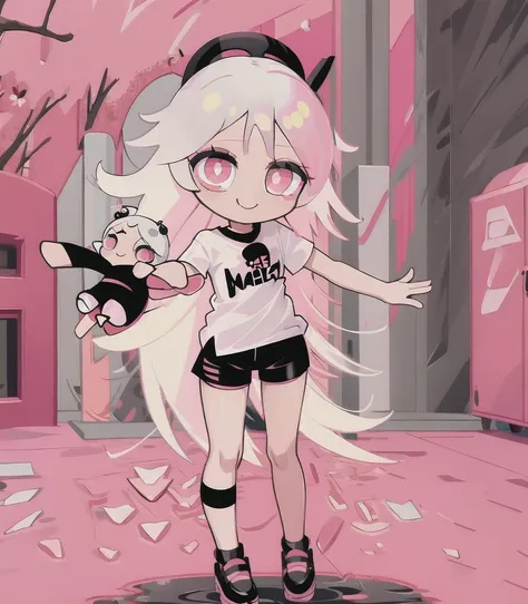 smile,chibi, full body, 1girl, white hair, red pink eyes, black short sleeve shirt, black shorts,