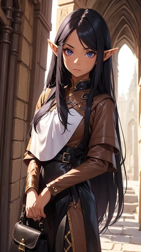 A lilac-skinned elf, long black hair, medieval outfit holding a leather bag