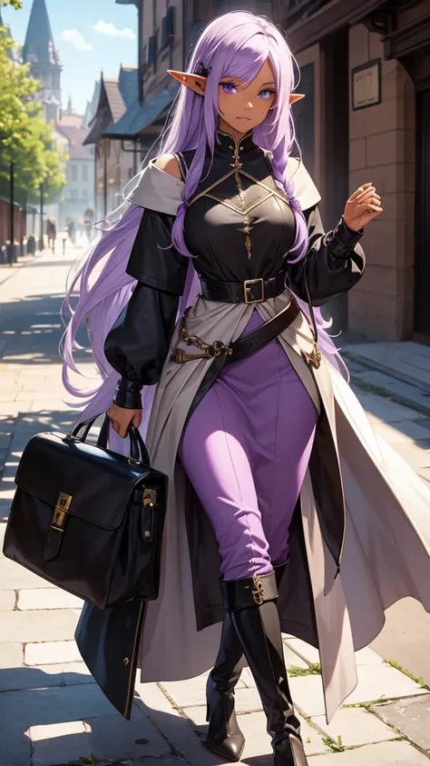 A lilac-skinned elf, long black hair, medieval outfit holding a leather bag