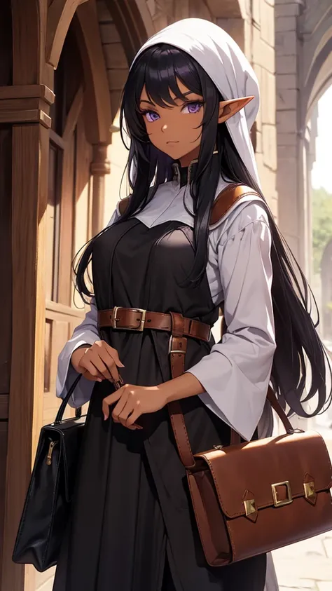 A lilac-skinned elf, long black hair, medieval outfit holding a leather bag