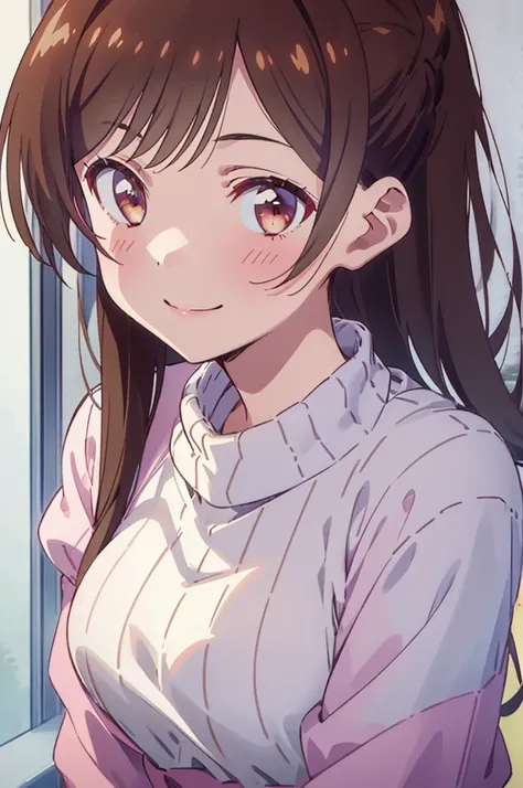 (((pixel-perfect, detail-perfect))), solo, 1girl, chizuru ichinose, sweater, looking at viewer, smile, upper body