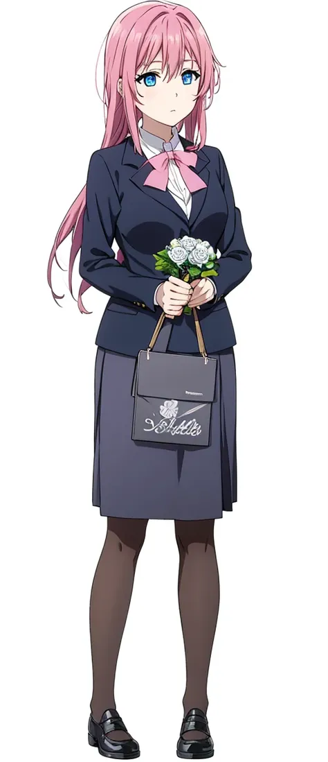 Pink hair, blue eyes, tight black secretary skirt, black blazer, white formal blouse, and a bouquet of roses.