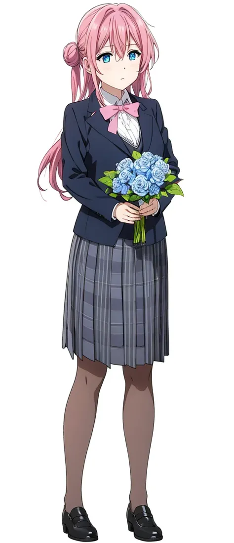 Pink hair, blue eyes, tight black secretary skirt, black blazer, white formal blouse, and a bouquet of roses.