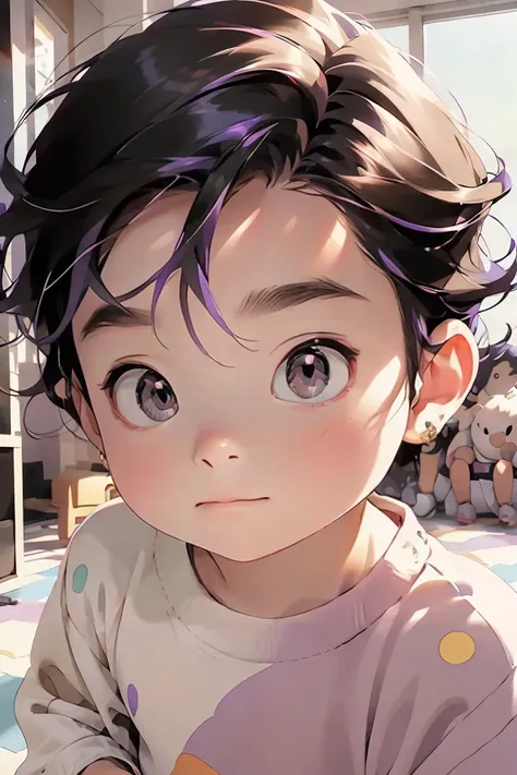 boy, black hair, purple eyes, multicolored hair, purple hair, hair between eyes, highlighted hair, he is an 11 year old boy with...