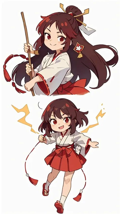 The image shows an illustrated character, likely from an anime or manga. The character has long dark hair and is wearing a traditional shrine maiden (miko) outfit, consisting of a white top (haori) with red accents and a red skirt (hakama). The character i...