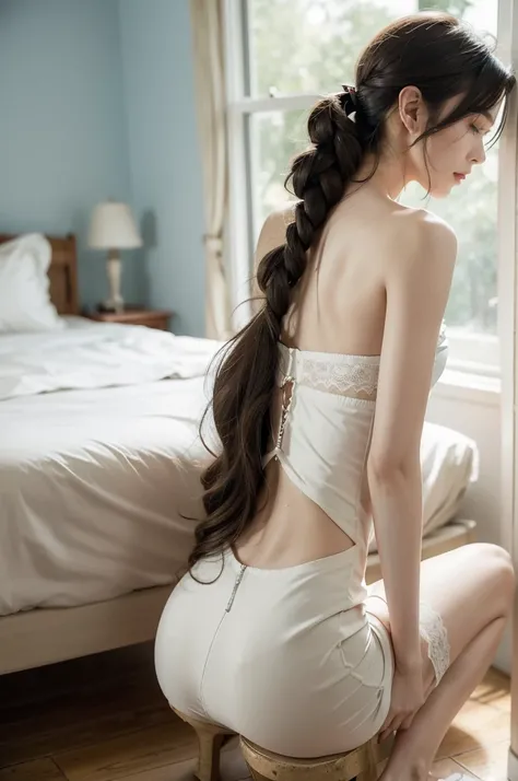 (((best quality))),(((ultra detailed))),(((masterpiece))),illustration,((1 beautiful girl,solo)),slim,thin,((strapless,bare back,towering hips,butt crack)),shoulder length straight hair,sitting on bed,dilapidated,hotel room,summers afternoon,anticipation,s...