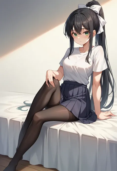 masterpiece, highest quality, High resolution, 1girl Sayaka Kirasaka,Black Hair,Long Hair,Green Eyes, High Ponytail Hair Ribbon, Long-sleeved Y-shirt,Pleated skirt,Black Pantyhose,Sexy pose,Sitting on the bed,(masterpiece:1.2), highest quality, High resolu...