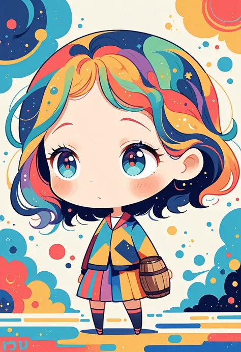 Osamu Tezuka style, under big blue sky, standing in middle of road, girl holding big beer mug, simple line initials, abstract art, simple background, (((most beautiful girl))), ((chibi))