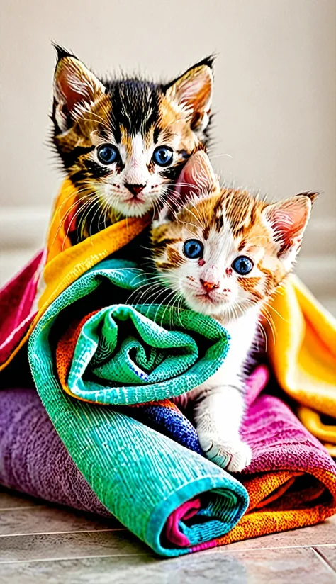 Three kittens playing wrapped around a colorful towel.