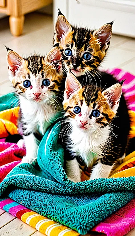 Three kittens playing wrapped around a colorful towel.