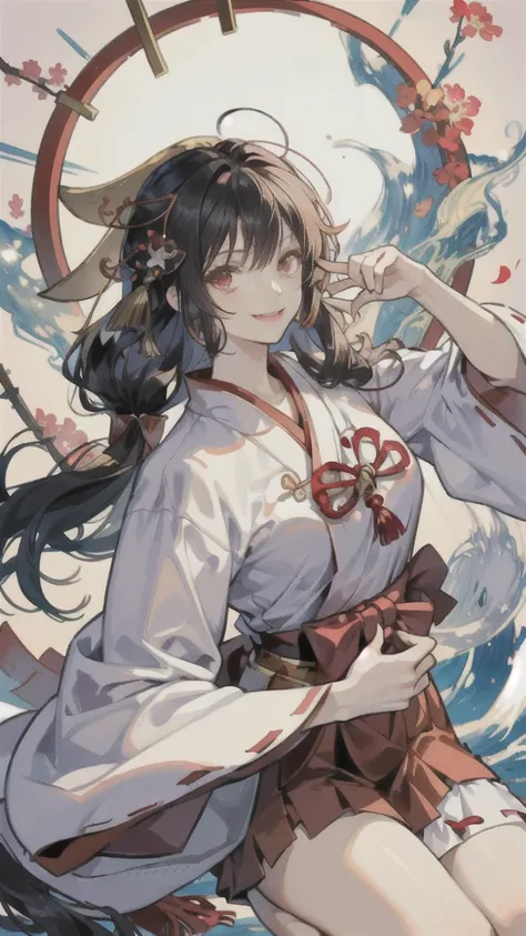 The image shows an illustrated character, likely from an anime or manga. The character has long dark hair and is wearing a traditional shrine maiden (miko) outfit, consisting of a white top (haori) with red accents and a red skirt (hakama). The character i...