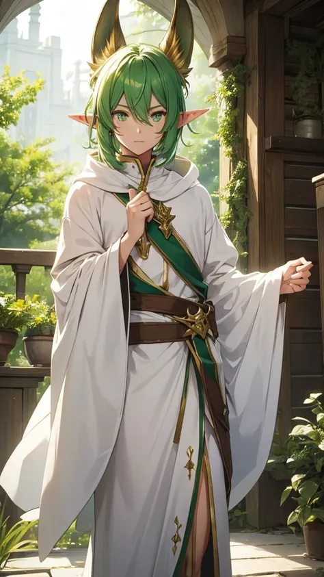 a male elf, green hair, golden eyes and big ears, wearing white, comfortable clothes 