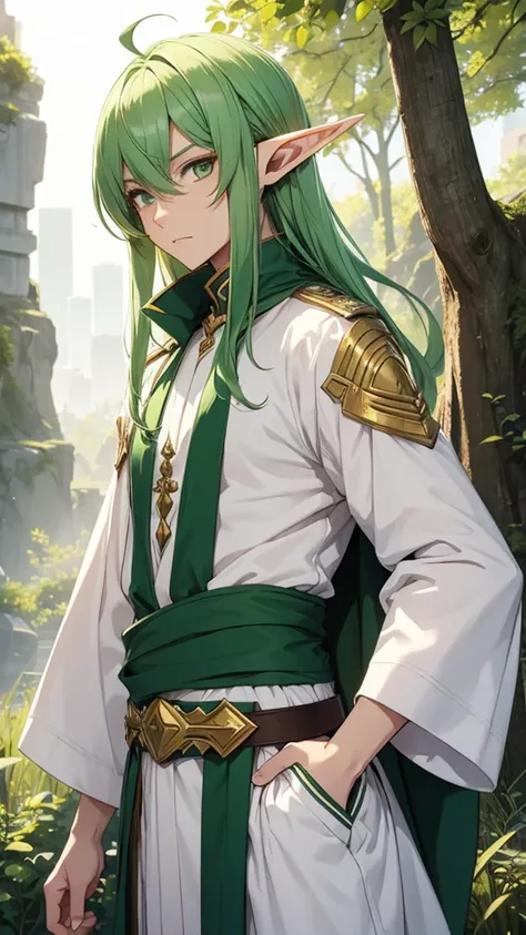 a male elf, green hair, golden eyes and big ears, wearing white, comfortable clothes 