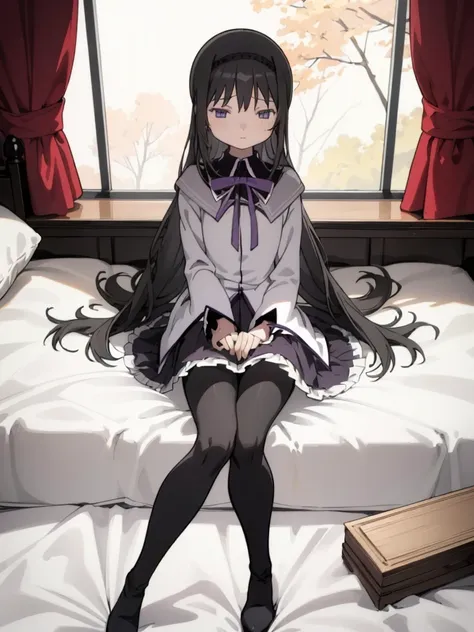 (best quality, masterpiece:1.2), ultra detailed, 1girl,  akemi homura, black hair, long hair, hair ribbon, small breasts, 
looki...