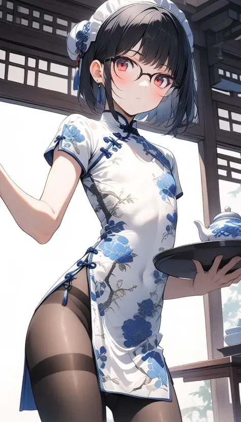 solo,1boy,black stockings, bulge,standing,holding tray,red eyes,flat chest,glasses,skirt up,black hair,pruplr hair,long bangs,short hair,bob cut,blue and white porcelain chinese-style clothing,blue and white porcelain Chinese dress,blue and white porcelain...