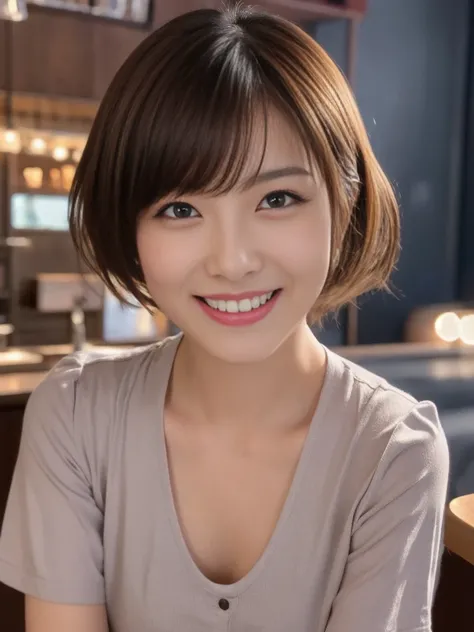 1 ultra cute japanese girl, 5 years old,short hair:1.5, part-time job at a bar, detailed face, ultra detailed eyes, incredible beautiful eyes, symmetry dropped eyes, charming eyes, No makeup, big smile, Enthusiastic belly laugh, open mouth, best quality, 4...