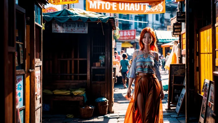 Photorealistic photo of a young redhead woman strolling through an old market in Thailand, A kind smile, art：midjorney, Luminism, The ultimate in complex shadow and light contrast, An award-winning IPA, Artistic Lens, Warm colors, art：Tim Burton