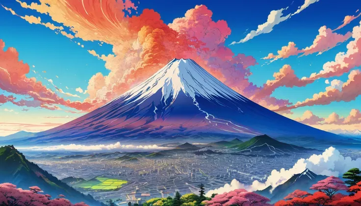 (Highest quality),(masterpiece),(Super detailed),(High detail),(Very detailed) Anime scenery, (Super detailed) A surreal scenario, Distinctive Mountains. Fuji Mountain, Bright colors and dynamic elements, Reminiscent of Hokusai&#39;s works.young woman，Sit ...