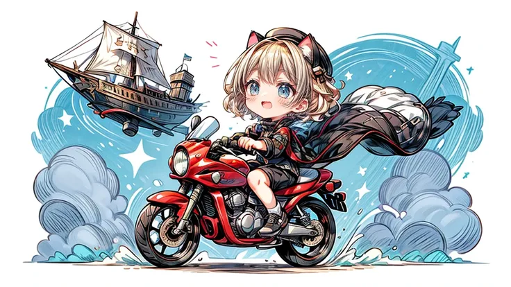 steampunk、Chibi character riding a motorcycle、Dynamic pose、look up、short hair、Cat ear、Flying Airship, Full of air,One girl、Big smile、Blonde Hair、Short Hair、Inner curls、紺色のTracksuits_White line from shoulder to wrist、Black shorts、Black sneakers_No socks、Tra...