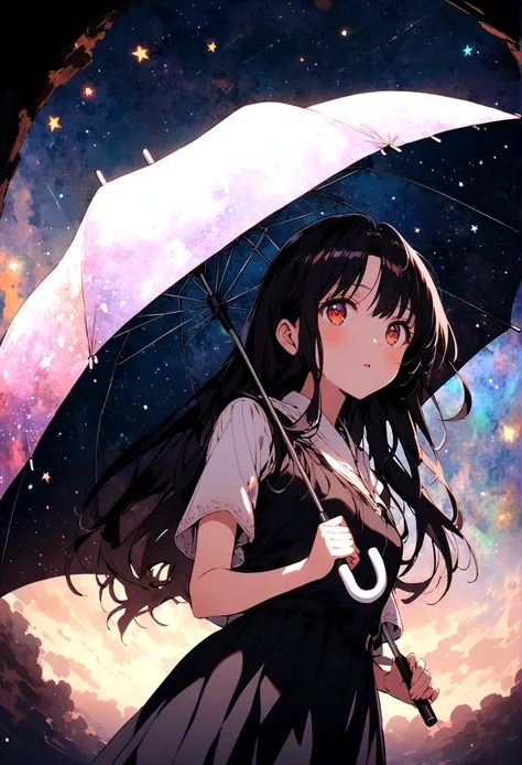 Inside the umbrella(Starry Sky(Shining Star, nebula), background((Very dark:1.3),Hubby Rain(Many raindrops slowly fall from the sky)),(From below:1.4),