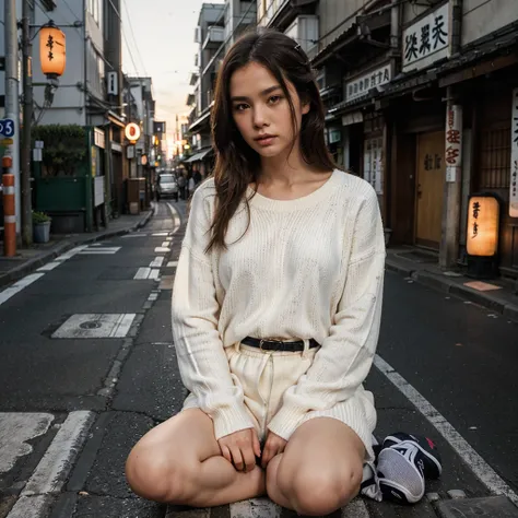 Female supermodel. White sweater. Sitting in the middle of road. Dim, soft lighting. Sunset. Omoide Yokocho, Tokyo, Japan.