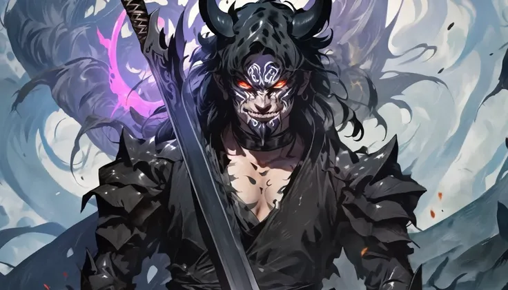 demon mask, sword on the hand,close up, black heavy detailed clothes, hand katana, art, dark and malevolent, hand sword, armor, powerful and intimidating, (masterpiece, best quality, ultra-detailed, best shadow), (detailed background, dark fantasy) dramati...