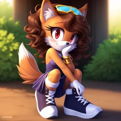 mobian, solo, hedgehog, two-tone fur ((orange fur, brown fur)), ribbed sides holes winter dress, high-top sneakers, small breasts, two-tone hair (brown hair, black tip)), curly hair, halo, sunglasses, jewelry, red eyes, longeyelashes, red eyes, smile, shy,...