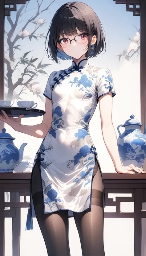 solo,1boy,black stockings, bulge,standing,holding tray,red eyes,small chest,glasses,skirt up,black hair,pruplr hair,long bangs,short hair,bob cut,blue and white porcelain chinese-style clothing,blue and white porcelain Chinese dress,blue and white porcelai...