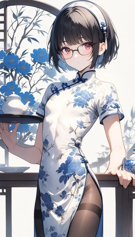 solo,1boy,black stockings, bulge,standing,holding tray,red eyes,small chest,glasses,skirt up,black hair,pruplr hair,long bangs,short hair,bob cut,blue and white porcelain chinese-style clothing,blue and white porcelain Chinese dress,blue and white porcelai...