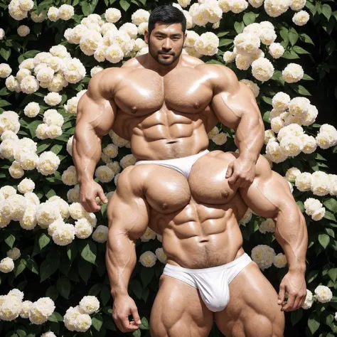 There is only one handsome Asian actor in the photo，35 years old，High target, Fitness，short hair, O-Shaped Beard，Perfect body, Dark skin color，Radiant Skin，Smooth skin，Shiny, shiny skin，Smooth pectoral muscles，No chest hair，No body hair，Muscle bulge, muscu...