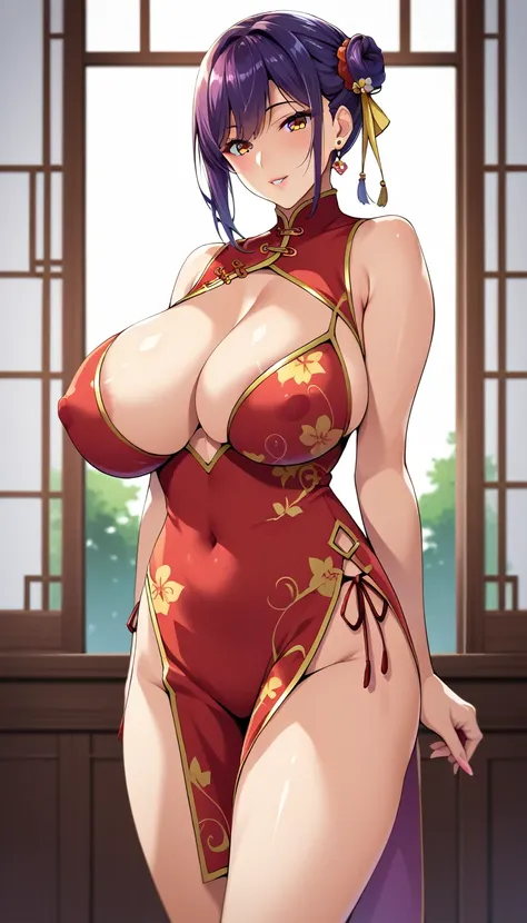 (masterpiece, best quality, ultra-detailed, high resolution, detailed eyes), takeda hiromitsu style, 1woman, (40 years old), solo, large breast, cowboy shot, standing, voluptuous body, medium side braid, Qipao(cheongsam)