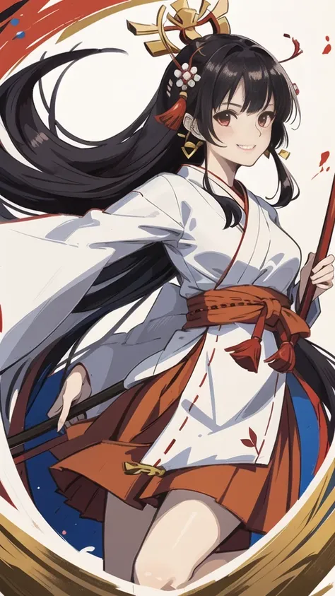 The image shows an illustrated character, likely from an anime or manga. The character has long dark hair and is wearing a traditional shrine maiden (miko) outfit, consisting of a white top (haori) with red accents and a red skirt (hakama). The character i...