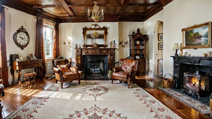 A cozy room in an old European house, featuring a grand stone fireplace with intricate carvings. The room is adorned with classic antique furniture, including a large wooden table, ornate chairs with velvet upholstery, and a vintage rug with intricate patt...