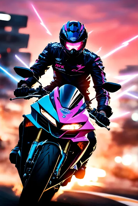 Exquisite facial features, thunder magic, high-resolution, 4K, masterpiece, high-quality, high adjustment, depth of field, mecha, racing suit, sunset, 1 boy, riding, motorcycle, red and black helmets, blurry, blurry background, blurry foreground, depth of ...