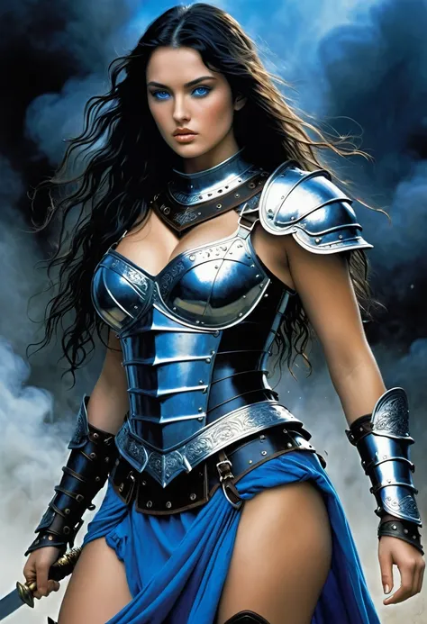 albrecht durer meets Luis Royo-inspired style, visualize a (((petite female gladiator))) with a thick figure, heavy physique, voluptuous , , bulky figure, perky breast, (((healthy body))), (((very long, messy, black hair))), (((dark, mysterious, blue eyes)...