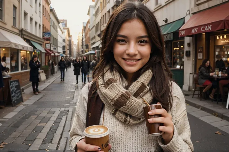 very beautiful girl, wearing a sweater and scarf drinking coffee on a city street, looks towards the camera, smiling, high detail, advertising photo